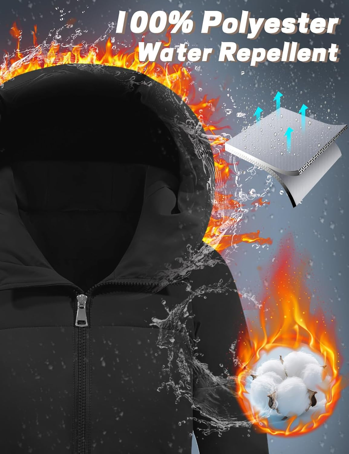 Navy blue long puffer coat with quilted pattern and full hood