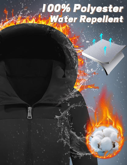Navy blue long puffer coat with quilted pattern and full hood