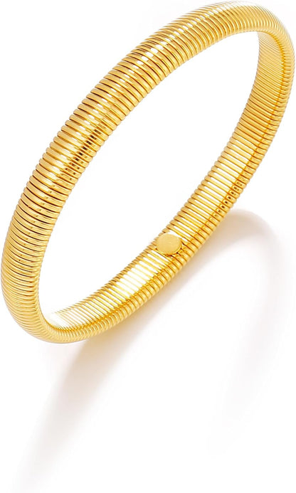 Gold Bangle Multi-Layer Bracelets for Women Stretchy Stainless Steel Link Chain Flexible Wide Wristband Bracelets