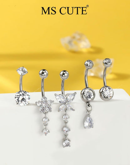 5PCS Belly Button Rings for Women 14G Dangle Navel Piercing Jewelry Set Surgical Stainless Steel Body Jewelry with CZ Butterfly Flower Teardrop Barbell for Beach Festival Daily