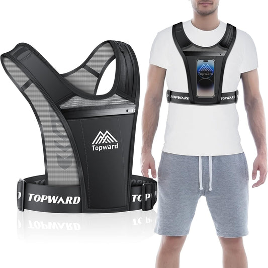 Woman wearing black waterproof running phone holder vest during outdoor jog