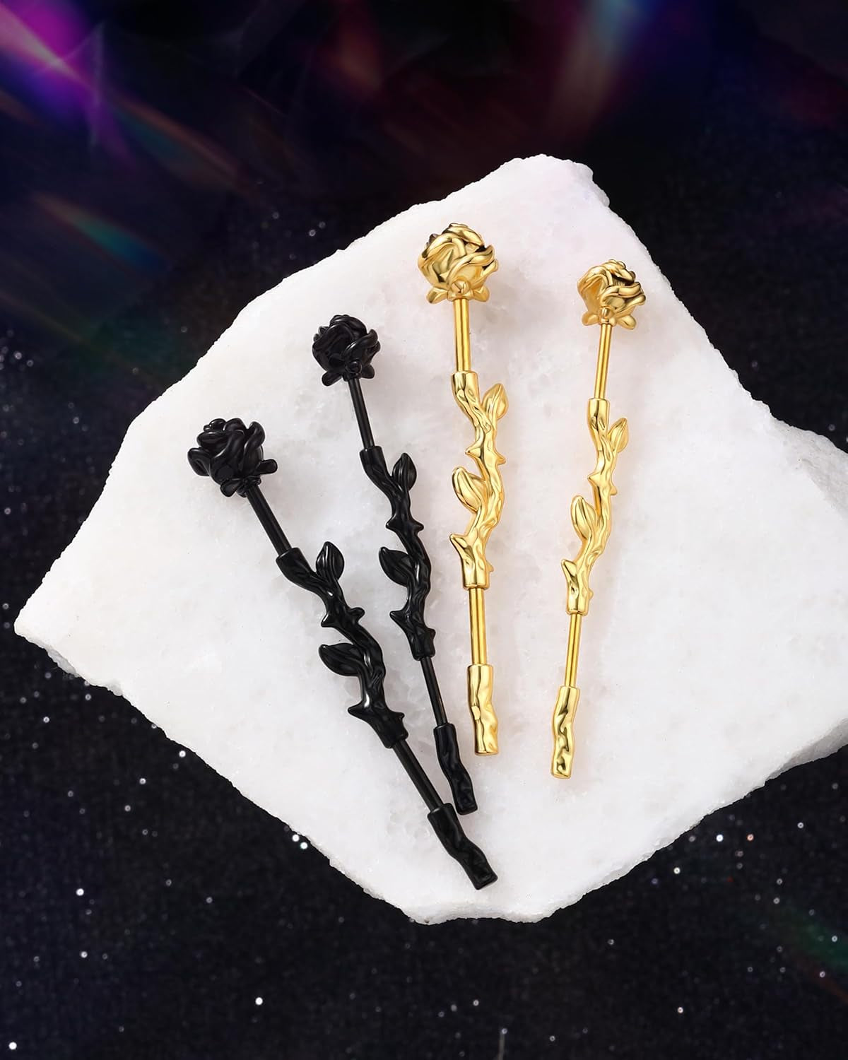 Jewseen Rose Industrial Ring Flower Industrial Barbell Surgical Steel Industrial Piercing Jewelry 14G 16G Cartilage Earring Long Straight Bar for Women Men