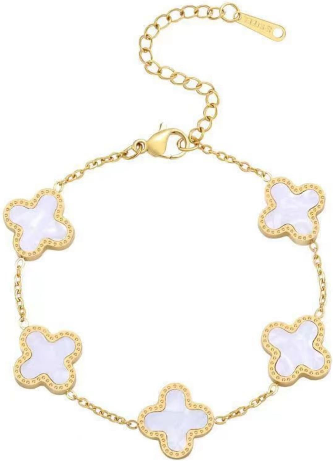 18K Gold Clover Lucky Bracelet – Double-Sided Pearl Flower Charms, Reversible Design, Adjustable Trendy Jewelry Gift for Women