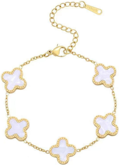 18K Gold Clover Lucky Bracelet – Double-Sided Pearl Flower Charms, Reversible Design, Adjustable Trendy Jewelry Gift for Women