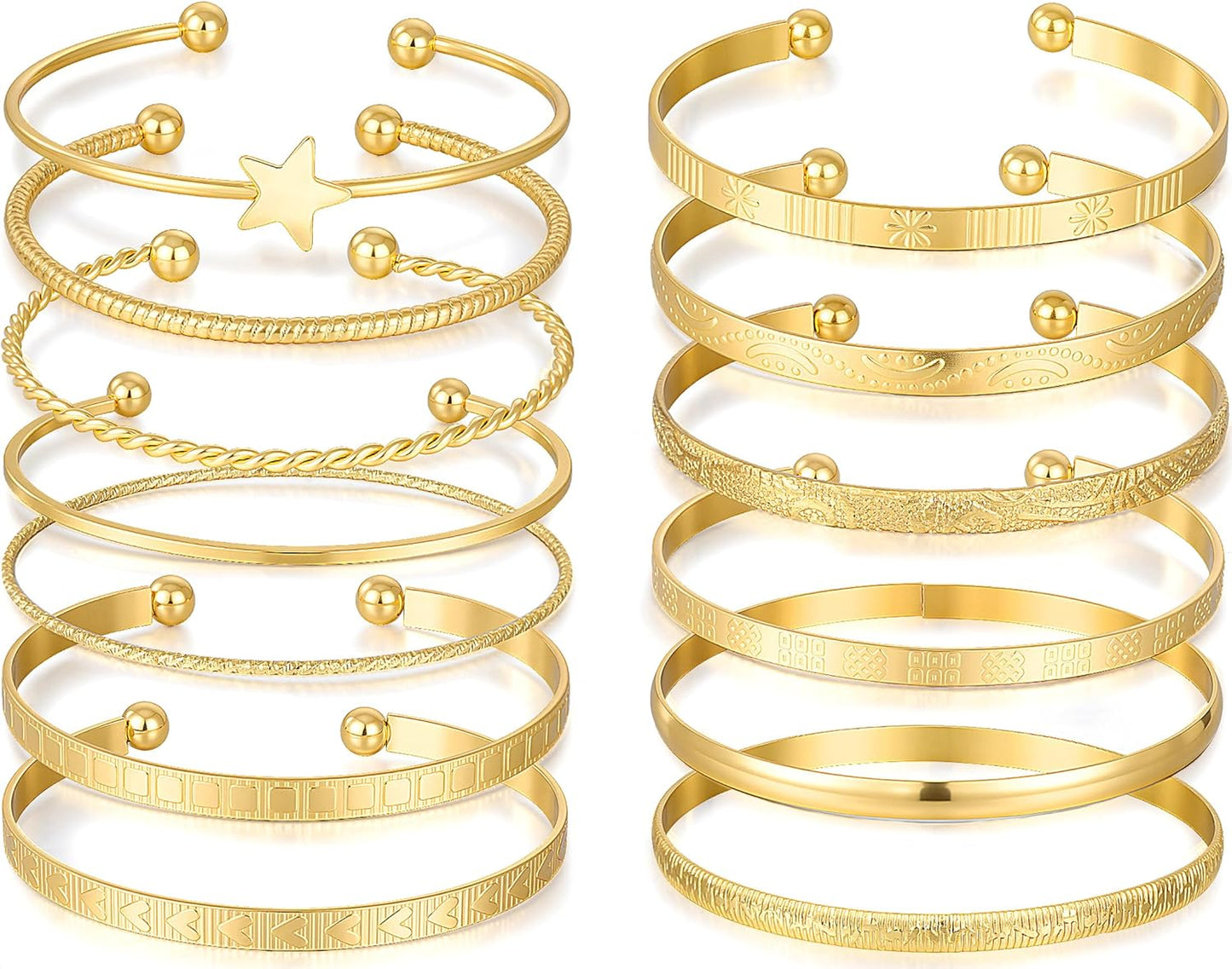 FAXHION Gold Bangle Bracelets for Women, 14 Pcs Multi Layer Stackable Bangle Set, 14K Gold Plated Textured Chunky Bracelets Boho Jewelrys Set