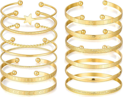 FAXHION Gold Bangle Bracelets for Women, 14 Pcs Multi Layer Stackable Bangle Set, 14K Gold Plated Textured Chunky Bracelets Boho Jewelrys Set