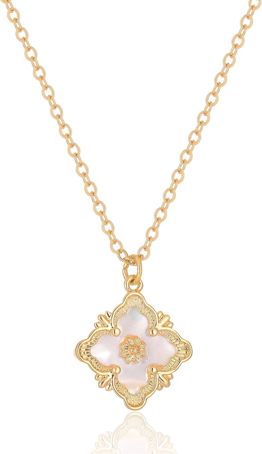 Clover Necklace for Women - 14K Gold Plated Mother of Pearl Four Leaf CZ Pendant Necklace Lucky Charm Jewelry Gifts for Women