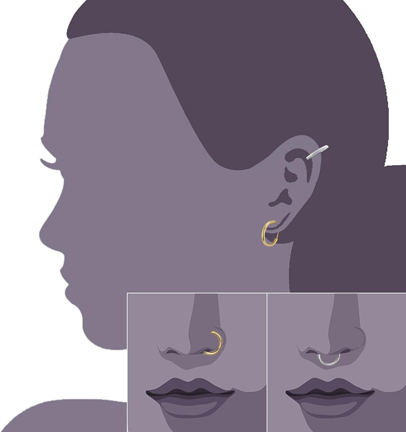 Jewelrieshop Nose Ring Hoop Clip on Fake Septum Non Piercing Spring Hoop Lip Ring Cartilage Earrings for Women (16 Pcs)