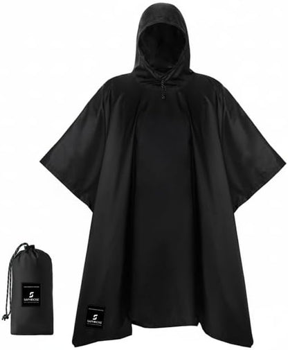 Side profile of person in Saphirose waterproof poncho