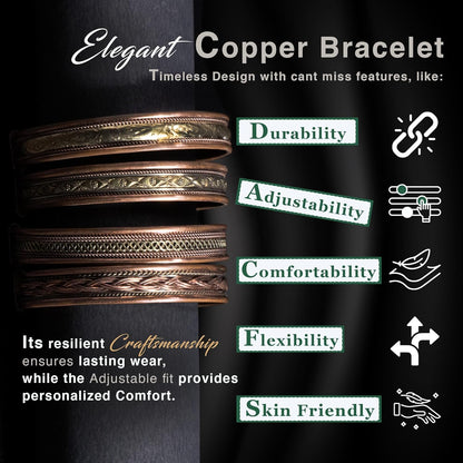 Cosynee Premium Tibetan Copper Unisex Bracelets Set of 4 – 99.99% Pure Copper Cuff Bangles for Men & Women, Adjustable, Ultra Strength, Solid High Gauge Metal – Vintage Style with Gift Pouch