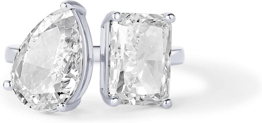 PAVOI 14K Gold Plated Toi Et Moi Radiant-Cut Pear-Shaped Cubic Zirconia Fake Wedding Engagement Ring for Women - Statement Promise Ring