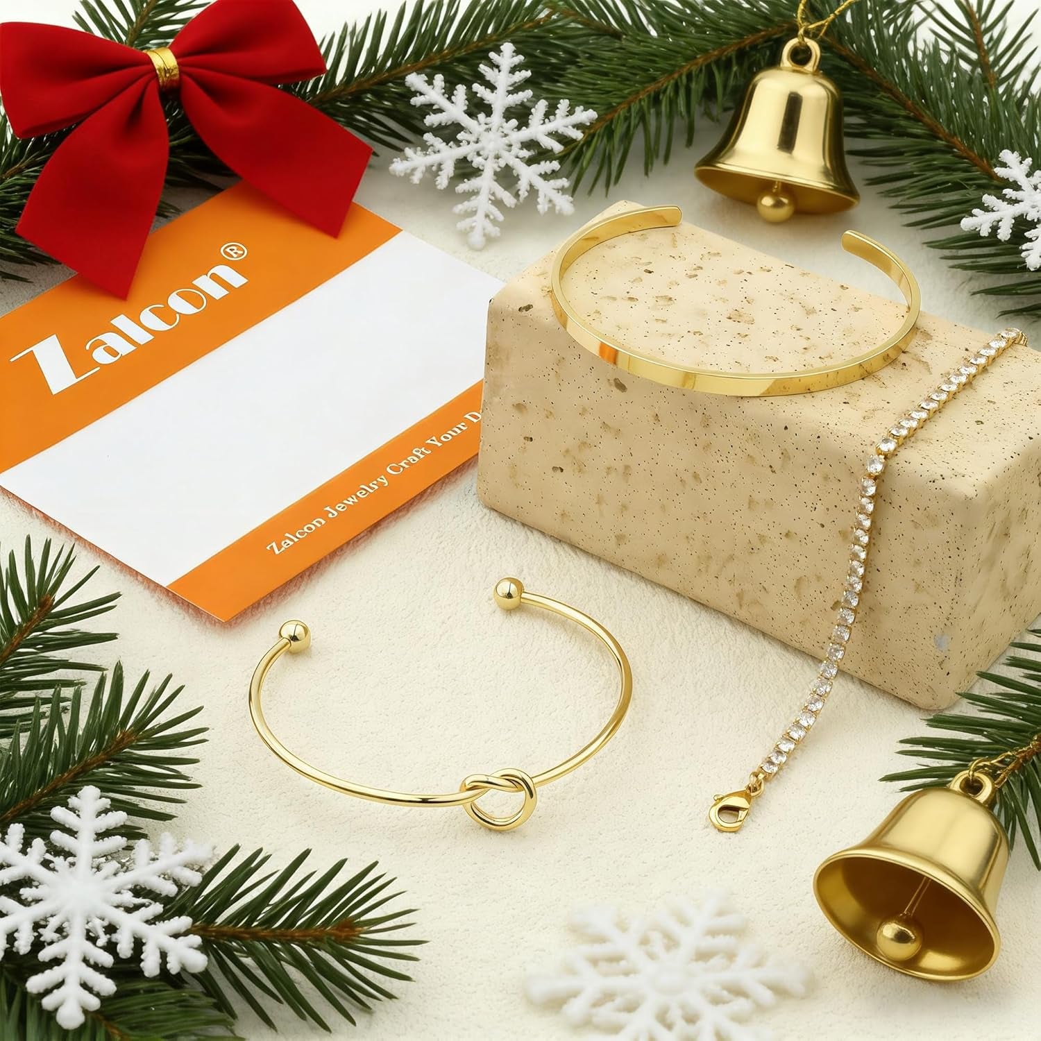 Christmas Stocking Stuffers Gold Bangle Cuff Knot Bracelet for Women Stack Non Tarnish Gold Plated Dainty Cubic Zirconia Tennis Bracelets Jewelry Set for Women Trendy