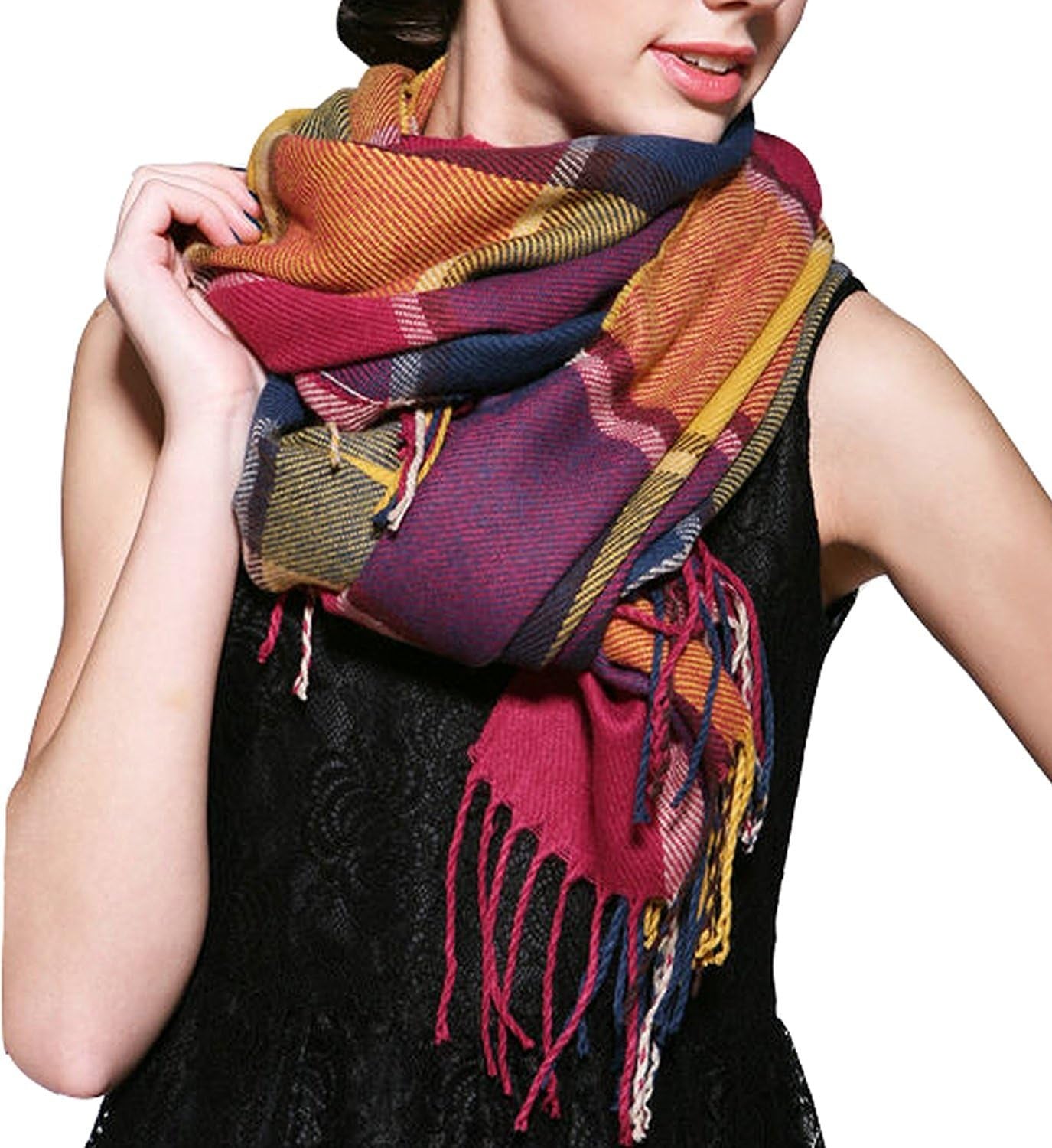 Ysense Winter Scarf for Women, Fashion Long Plaid Scarves Warm Big Tartan Blanket Wrap Shawl Ladies Gifts