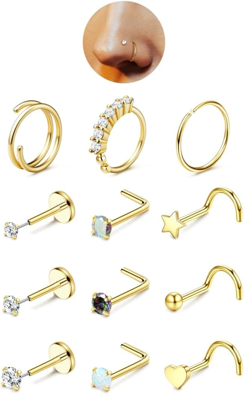 Jerywe Nose Rings for Women - 14K Gold Filled Hypoallergenic Surgical Steel Nose Ring Hoops CZ Lip Ring Screw L Shaped Studs Threadless Flat Back Stud Nose Piercings Jewelry for Women Men