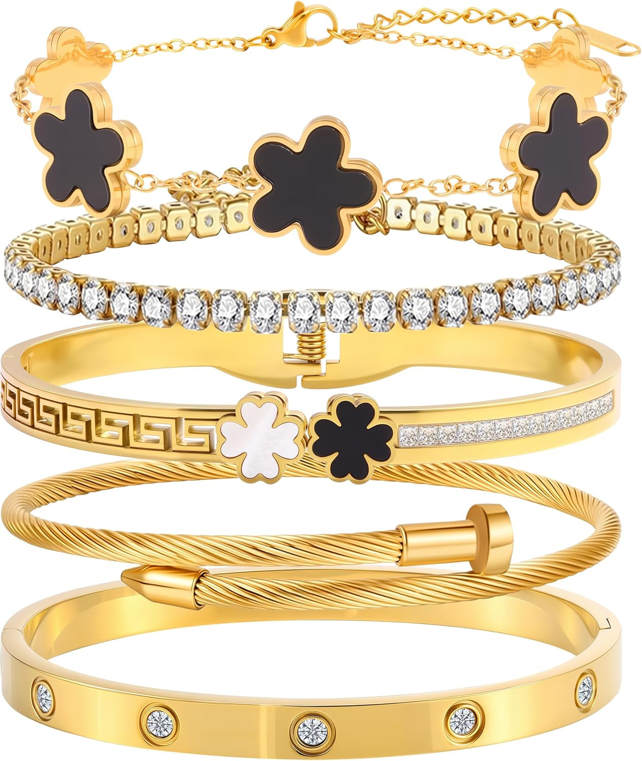 5Pcs Gold Stackable Bracelet Set for Women - Stainless Steel Non-Tarnish Clover Lucky Charm Jewelry, Trendy Gift for Girlfriend/Wife on Christmas Valentine’S Birthday