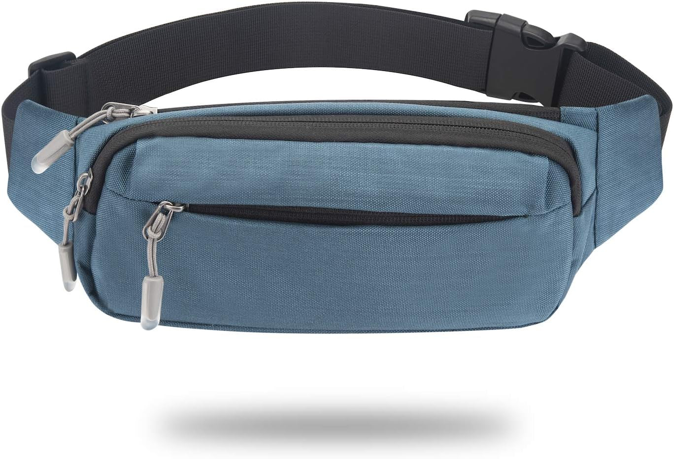Woman wearing casual black waist bag while hiking