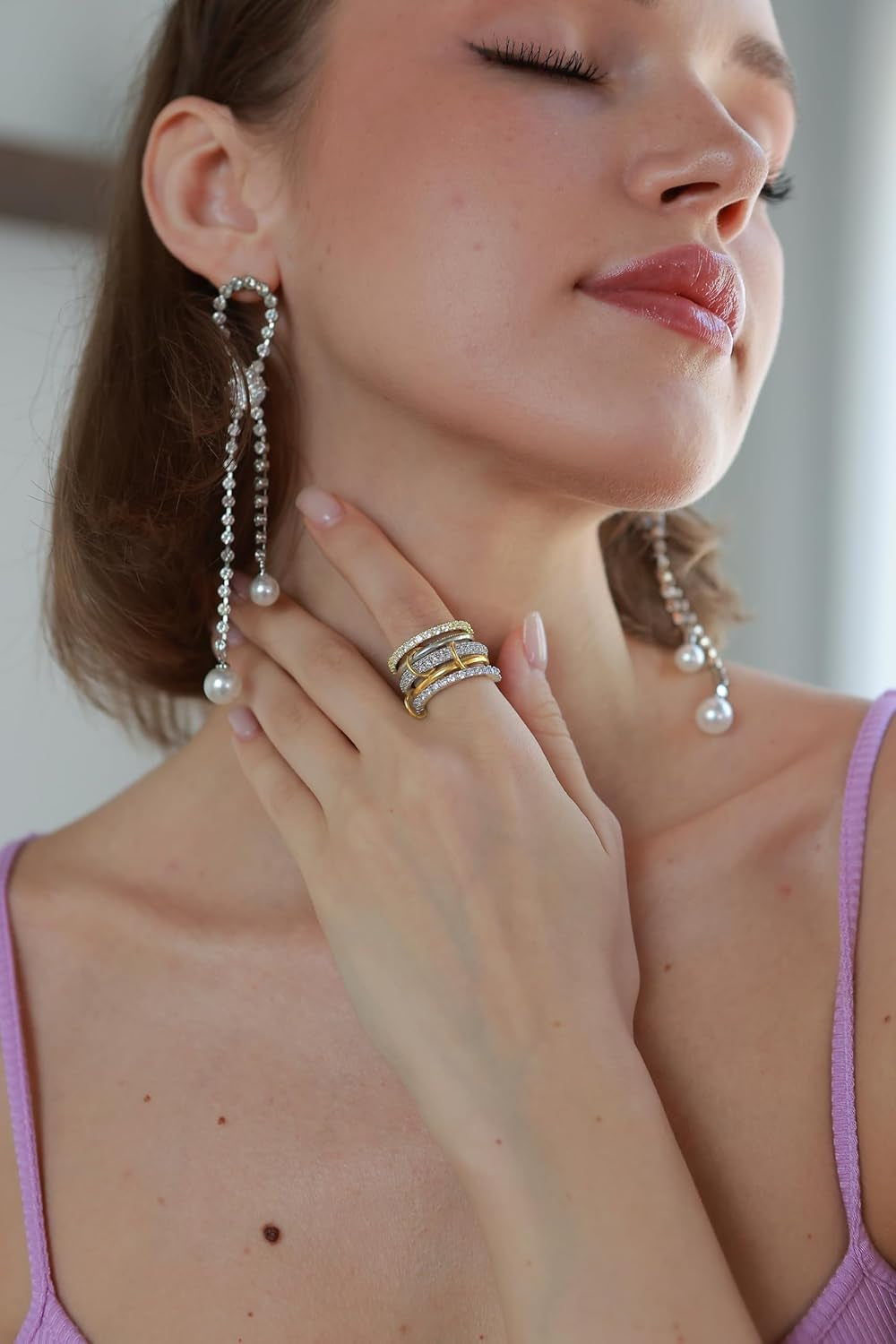 18K Gold Plated Stackable Rings for Women with Gift Box – Silver & Gold Multi-Link Connected Bands Set,Cubic Zirconia Mixed Metals Rings, Tarnish-Resistant Jewelry