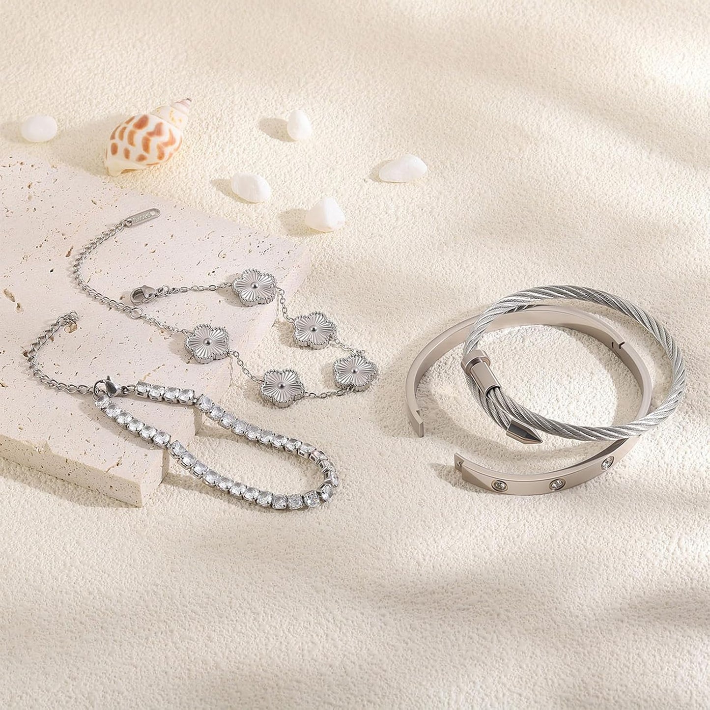 Gold Bracelets for Women-4Pcs 18K Gold Plated Love Bangle Tennis Clover Nail Bracelets Stack Set for Women Trendy Non Tarnish Stainless Steel Gold Bangles Accessories Designer Jewelry