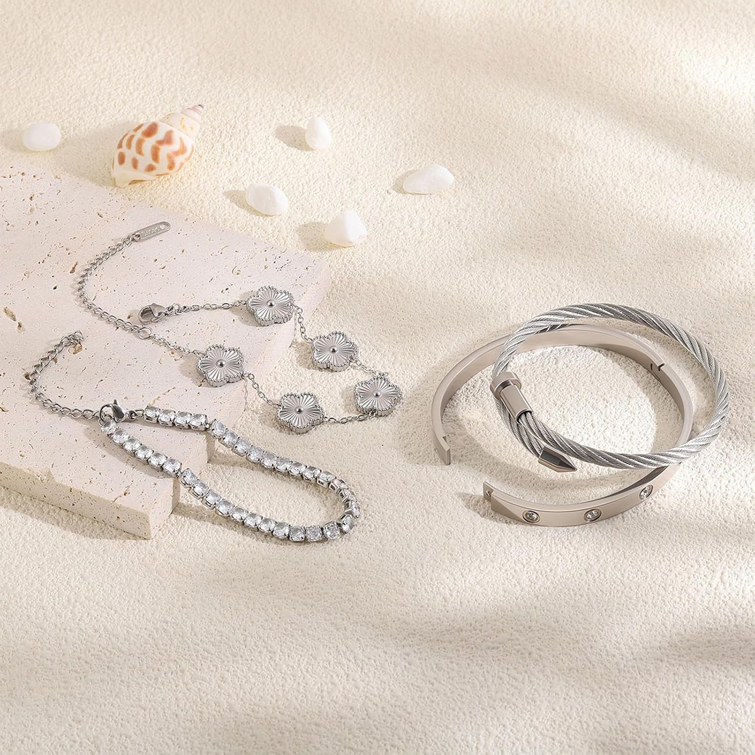 Gold Bracelets for Women-4Pcs 18K Gold Plated Love Bangle Tennis Clover Nail Bracelets Stack Set for Women Trendy Non Tarnish Stainless Steel Gold Bangles Accessories Designer Jewelry