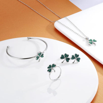 Shamrock St. Patrick'S Day Necklace Earrings Ring Bracelet Jewelry Set Green Three Leaf Heart Clover Jewelry Gift for Women