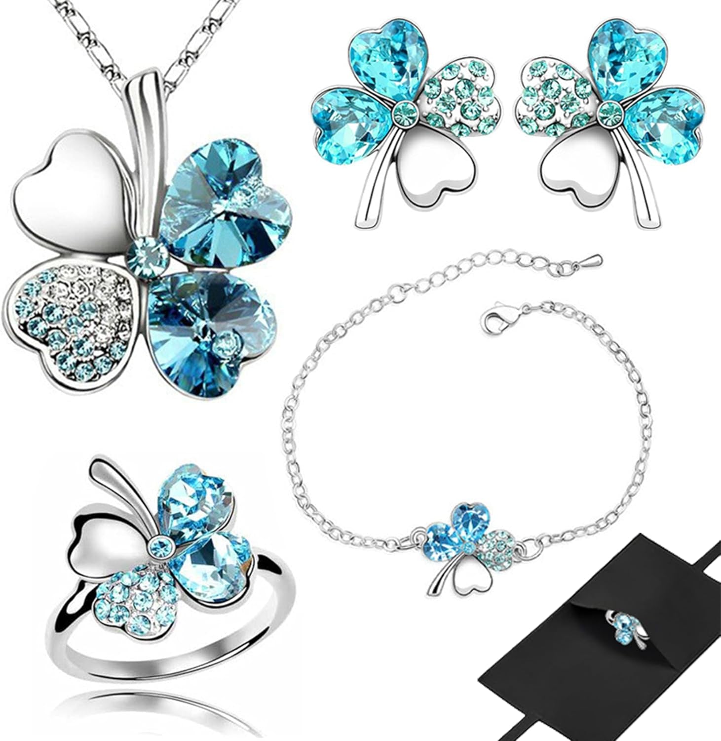 Gyovinnjuwanua Four Leaf Clover Alloy Jewelry - 4Pcs Irish Saint St.Patrick'S Day Lucky Necklace Bracelet Earrings Ring Jewelry Gifts, Clover Silver Alloy Ornament & Plush Gift Pouch for Women
