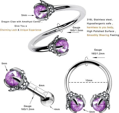 OUFER 3PCS Cartilage Earrings, 316L Surgical Steel Mixed Earrings with Dragon Claw Twist Helix Earring Ear Body Piercing Jewelry Tragus Earring