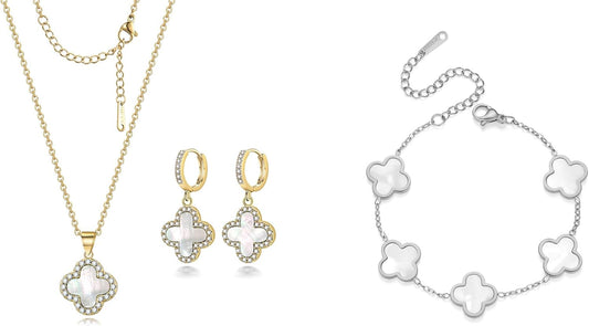 Lucky Clover Sets Clover Necklace and Earrings Set Four Leaf Clover Bracelet 18K Gold Plated Fashion Cute Jewelry for Women