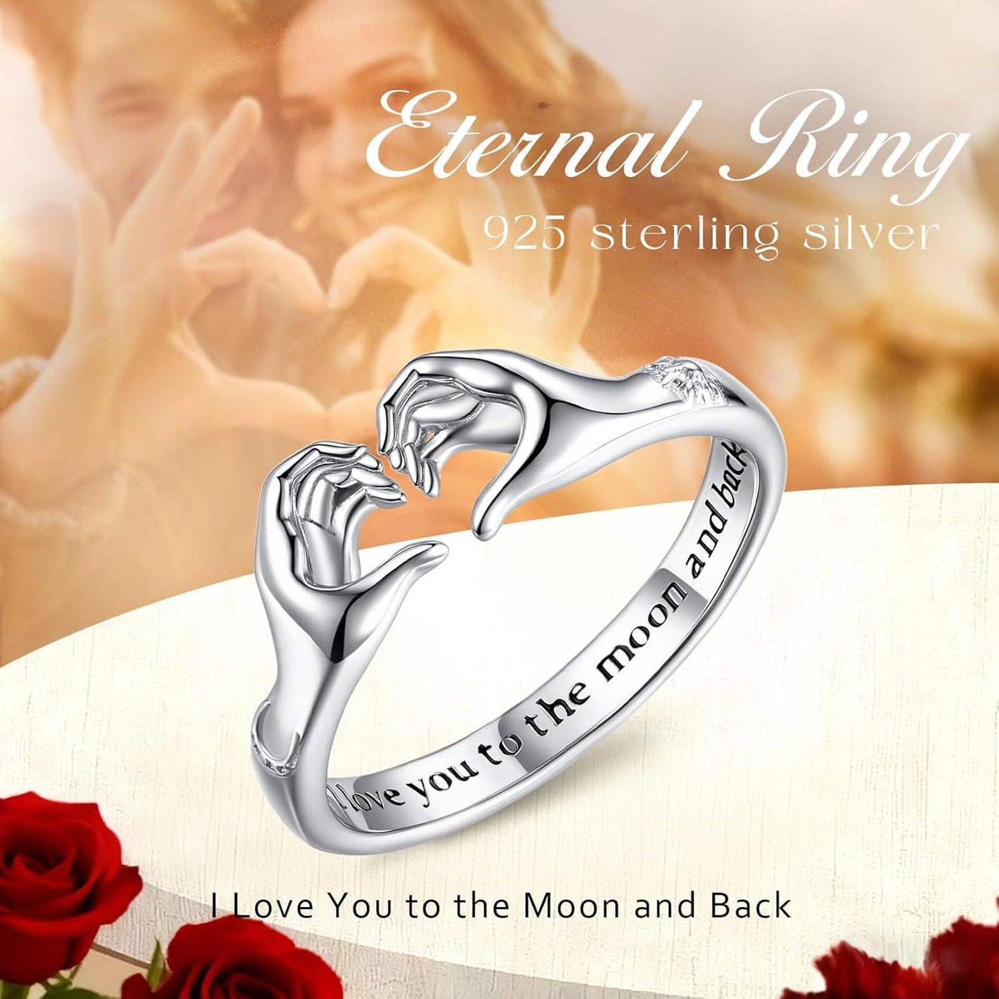 Adjustable promise ring featuring hugging hands embracing heart stone
