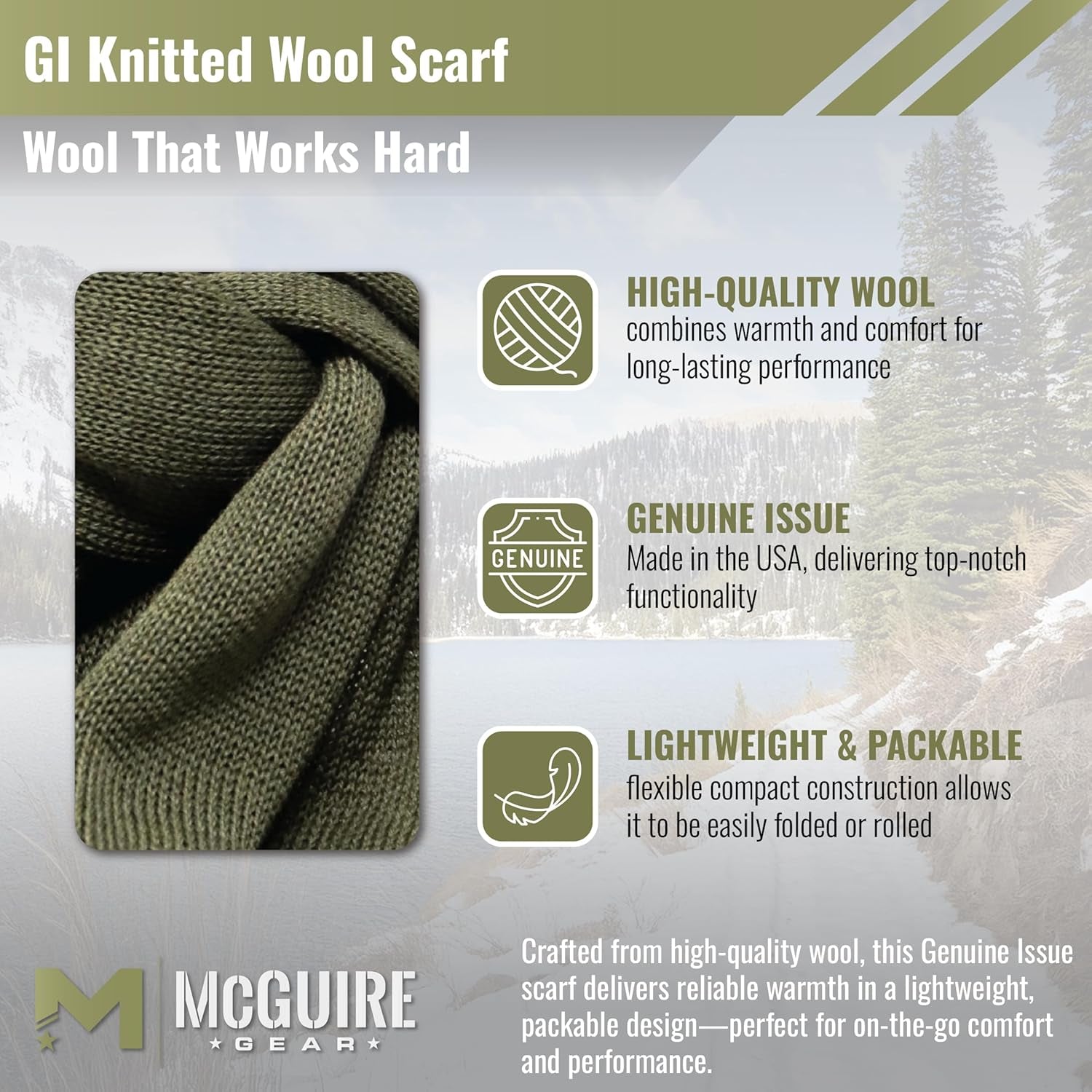 M MCGUIRE GEAR Genuine US Army Military GI 100% Wool Warm Winter Scarf, Made in USA