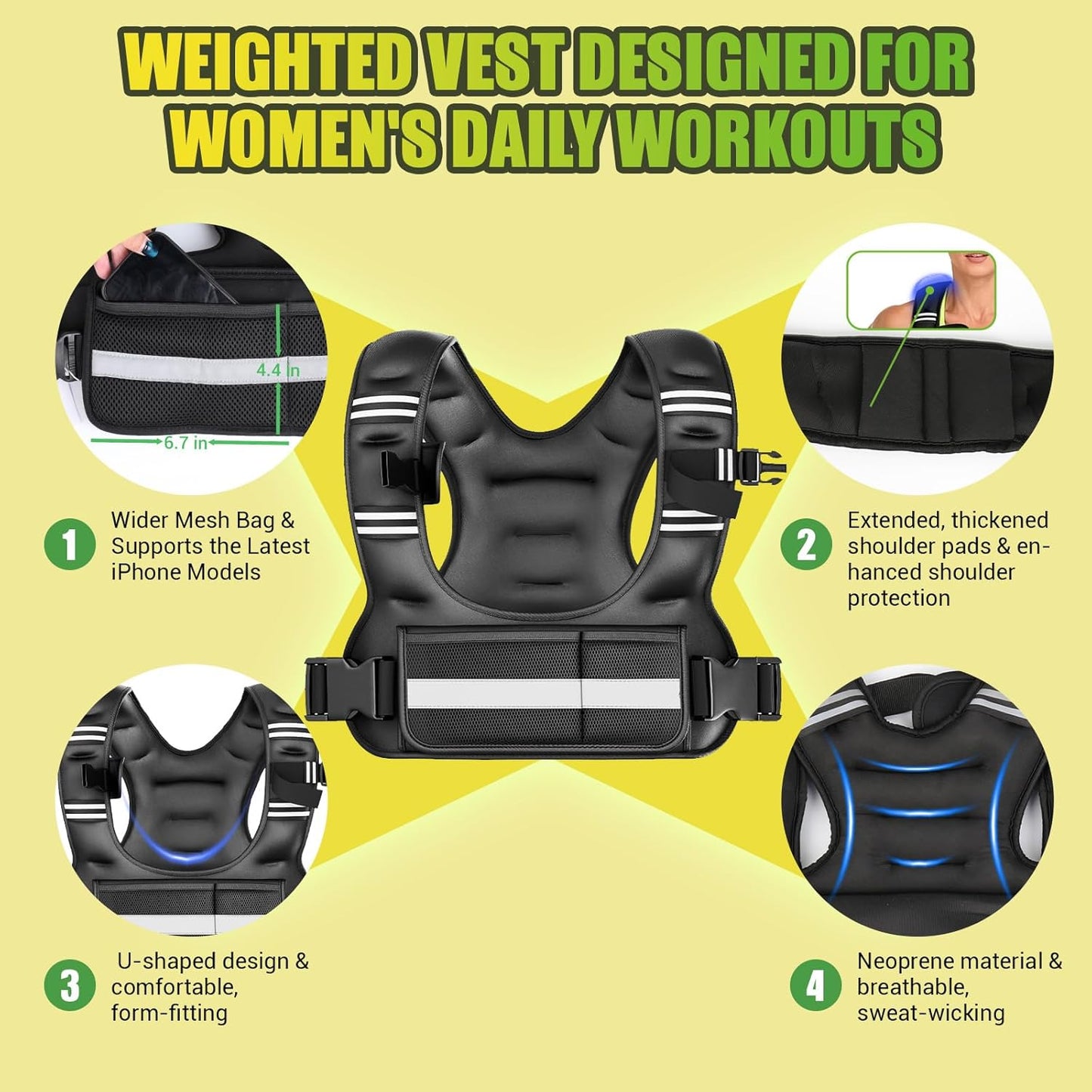 U-shaped weight vest design showing chest ventilation for women