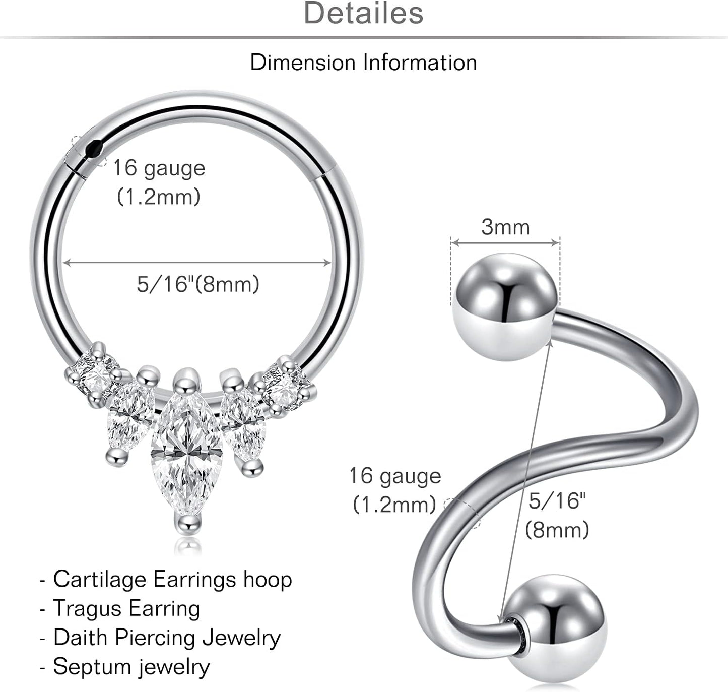 MODRSA 20G 16G Cartilage Earrings for Women Silver Gold Helix Piercing Jewelry Surgical Steel Hypoallergenic Flat Back Earrings Cartilage Hoop for Women Forward Helix Earring Tragus Jewelry Screw Back