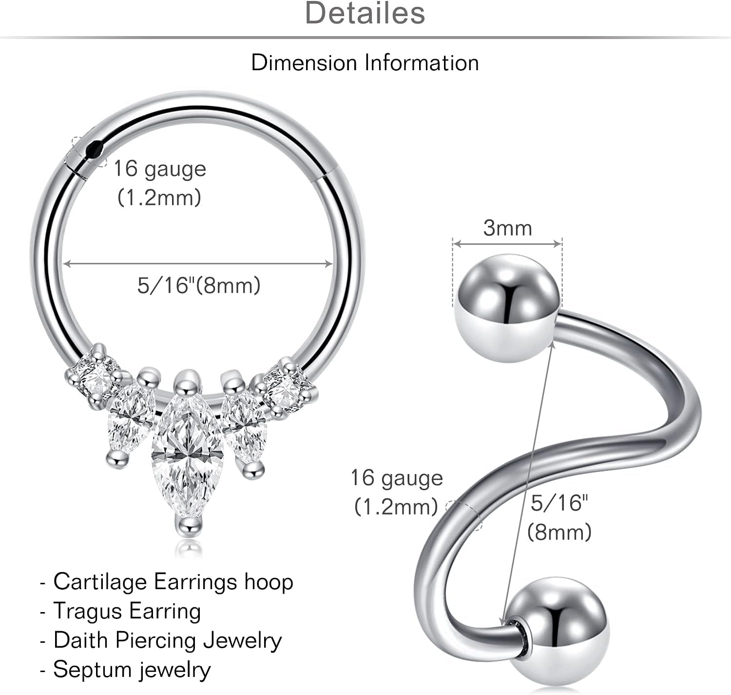 MODRSA 20G 16G Cartilage Earrings for Women Silver Gold Helix Piercing Jewelry Surgical Steel Hypoallergenic Flat Back Earrings Cartilage Hoop for Women Forward Helix Earring Tragus Jewelry Screw Back