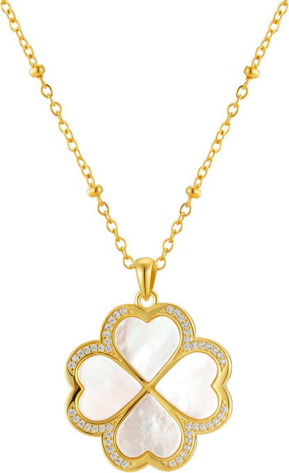 Genuine Mother of Pearl Gemstone Iridescent Gold Pendant Necklaces for Women, Fashion Jewelry, 18K Gold-Plated, Adjustable 16-20" Chain