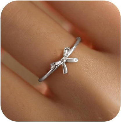 Bow Rings for Women Mother Daughter Friendship Knot Ring 925 Sterling Silver Dainty 14K Gold Plated Promise Rings for Her Birthday Graduation Gifts