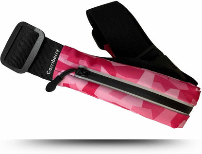 Flat lay of slim running pack with all storage compartments open