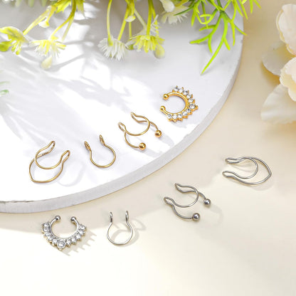 8 Pcs Fake Septum Ring, Fake Nose Ring Hoop, Stainless Steel Faux Septum Piercings, Clip on Lip Rings, Faux Nose Rings for Women Men Non Piercing Noses Jewelry