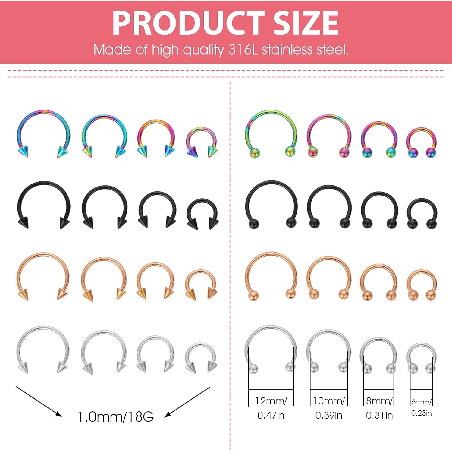 Yolev 32Pcs 18G Horseshoe Piercing for Women Men Variety of Sizes Horseshoe Rings Surgical Steel Nose Septum Horseshoe Hoop Earring Eyebrow Earring Hoop Lip
