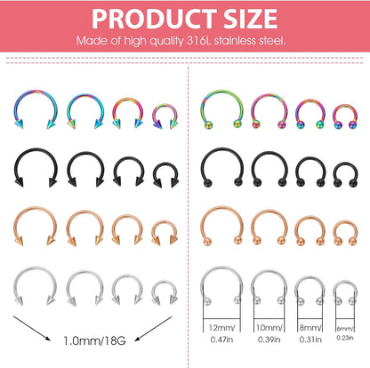 Yolev 32Pcs 18G Horseshoe Piercing for Women Men Variety of Sizes Horseshoe Rings Surgical Steel Nose Septum Horseshoe Hoop Earring Eyebrow Earring Hoop Lip