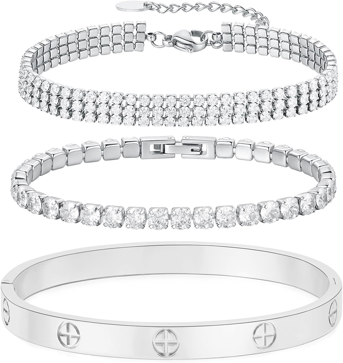 18K Gold Plated Love Bangle Bracelet Set Cubic Zirconia Classic Stainless Steel Adjustable CZ Gold,Silvery,Colorful CZ Love Bracelets Stack for Women