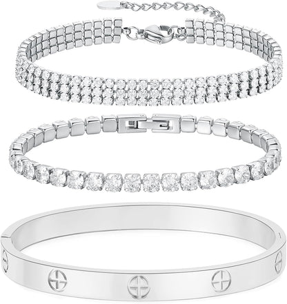 18K Gold Plated Love Bangle Bracelet Set Cubic Zirconia Classic Stainless Steel Adjustable CZ Gold,Silvery,Colorful CZ Love Bracelets Stack for Women