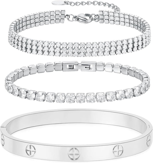 18K Gold Plated Love Bangle Bracelet Set Cubic Zirconia Classic Stainless Steel Adjustable CZ Gold,Silvery,Colorful CZ Love Bracelets Stack for Women