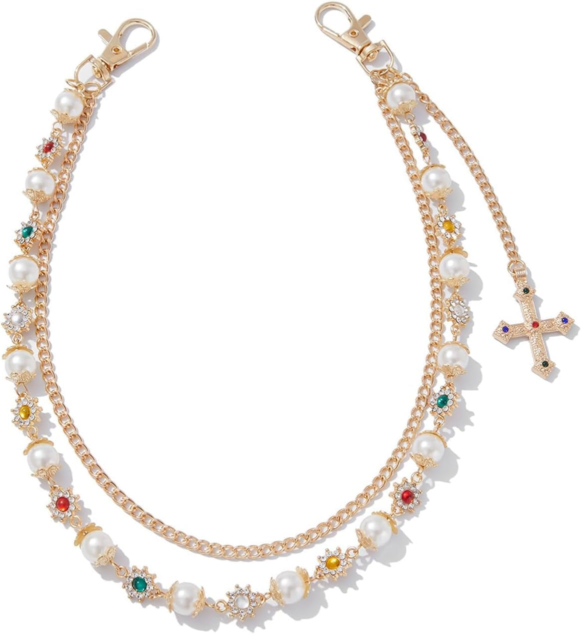 Rhinestone Waist Body Chain Jewelry Pearl Waist Belt Goth Cross Pendant Pants Chain Hip-Hop Jean Trouser Keychains Jewelry for Men Women