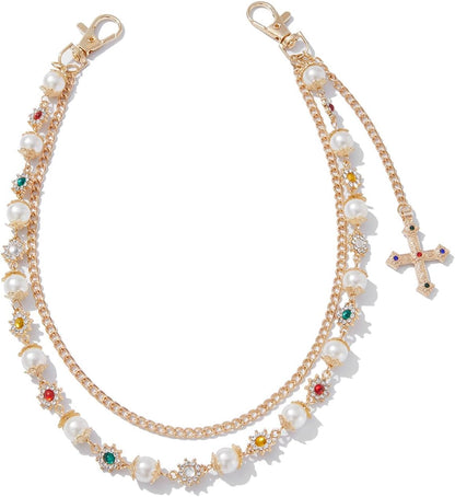 Rhinestone Waist Body Chain Jewelry Pearl Waist Belt Goth Cross Pendant Pants Chain Hip-Hop Jean Trouser Keychains Jewelry for Men Women