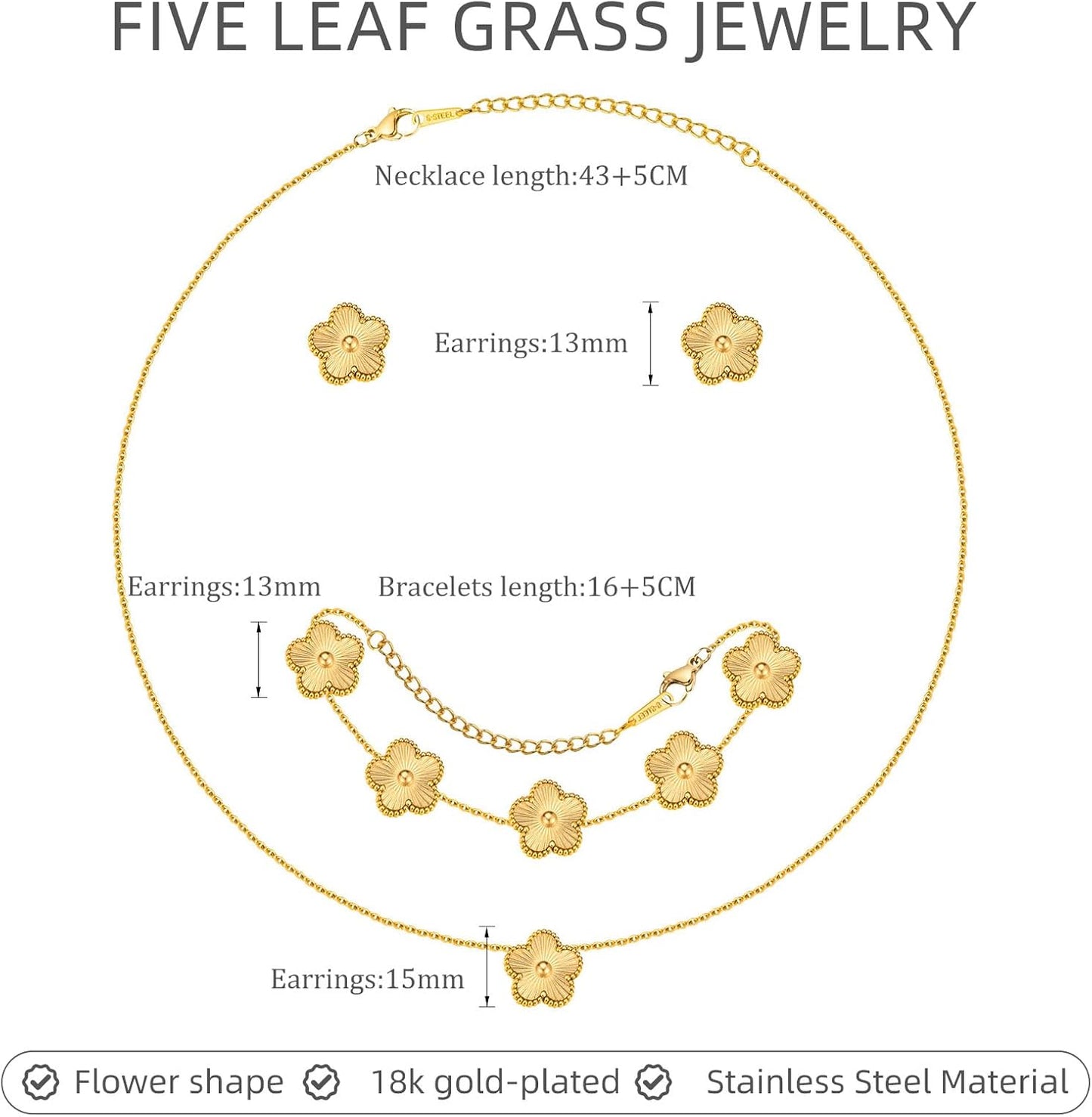 Gold Necklaces Bracelets Earring Set - 18K Gold Plated Flower Bracelet ,Stainless Steel Non Tarnish Floral Pendant Stud Jewelry Sets,Christmas Birthday Lucky Gift for Her Mom Wife Daughter Girlfriend