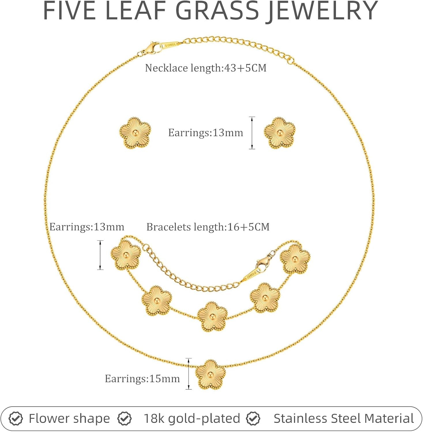 Gold Necklaces Bracelets Earring Set - 18K Gold Plated Flower Bracelet ,Stainless Steel Non Tarnish Floral Pendant Stud Jewelry Sets,Christmas Birthday Lucky Gift for Her Mom Wife Daughter Girlfriend