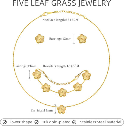 Gold Necklaces Bracelets Earring Set - 18K Gold Plated Flower Bracelet ,Stainless Steel Non Tarnish Floral Pendant Stud Jewelry Sets,Christmas Birthday Lucky Gift for Her Mom Wife Daughter Girlfriend