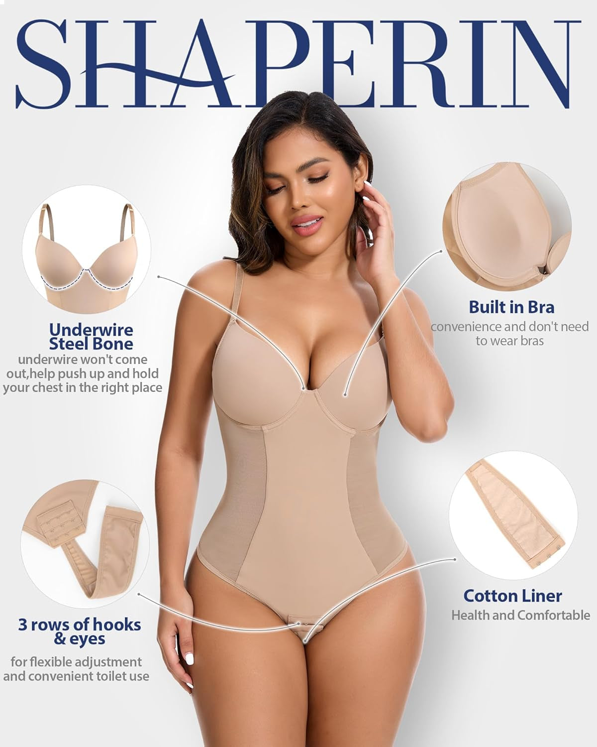 Shapewear bodysuit showing built-in underwire bra detail