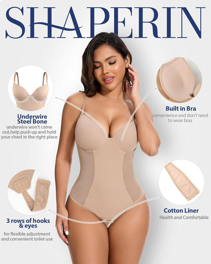 Shapewear bodysuit showing built-in underwire bra detail