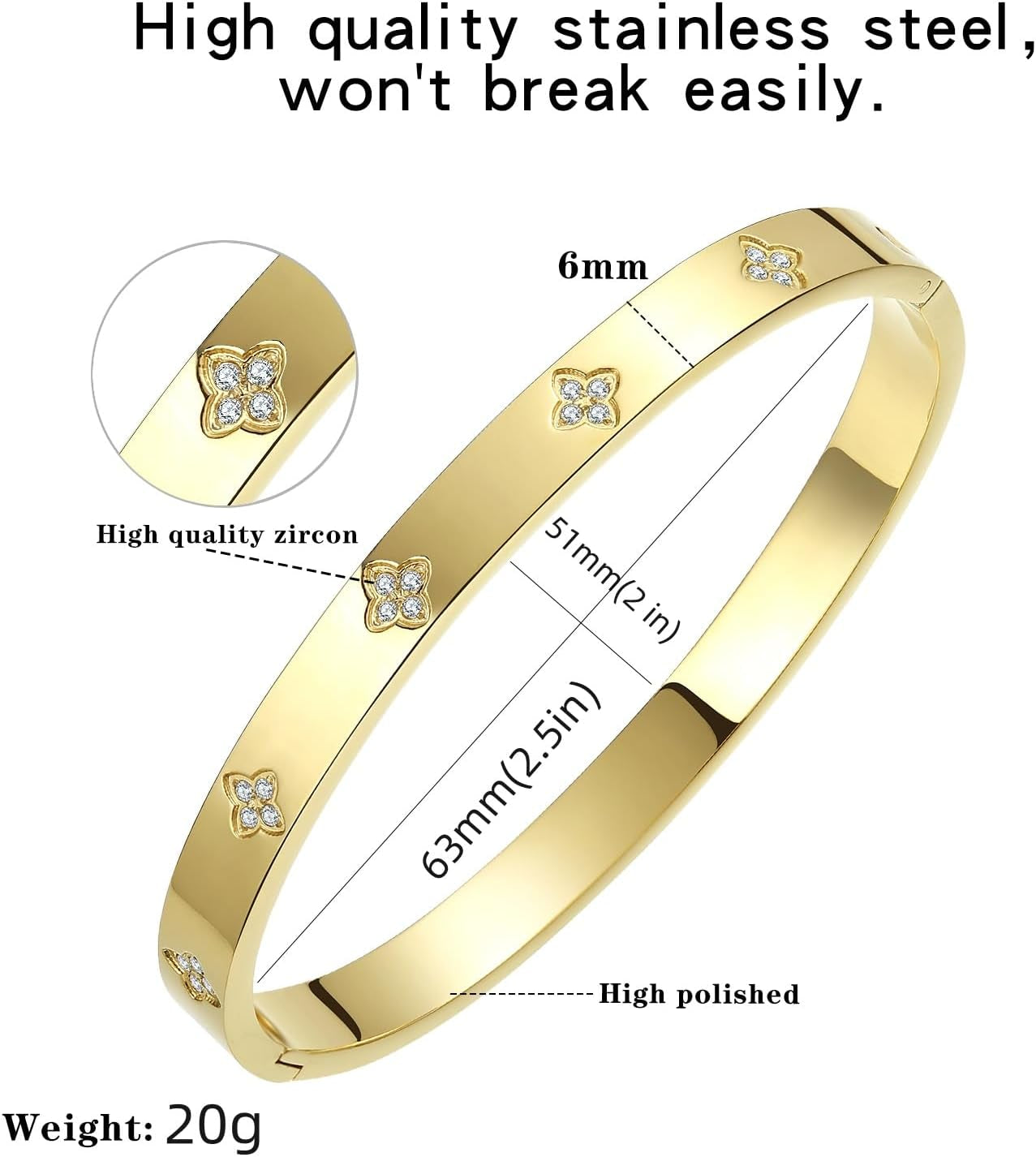 Gold Plated Bangle Bracelets for Women Four Leaf Clover Lucky Love Cubic Zirconia Bracelet