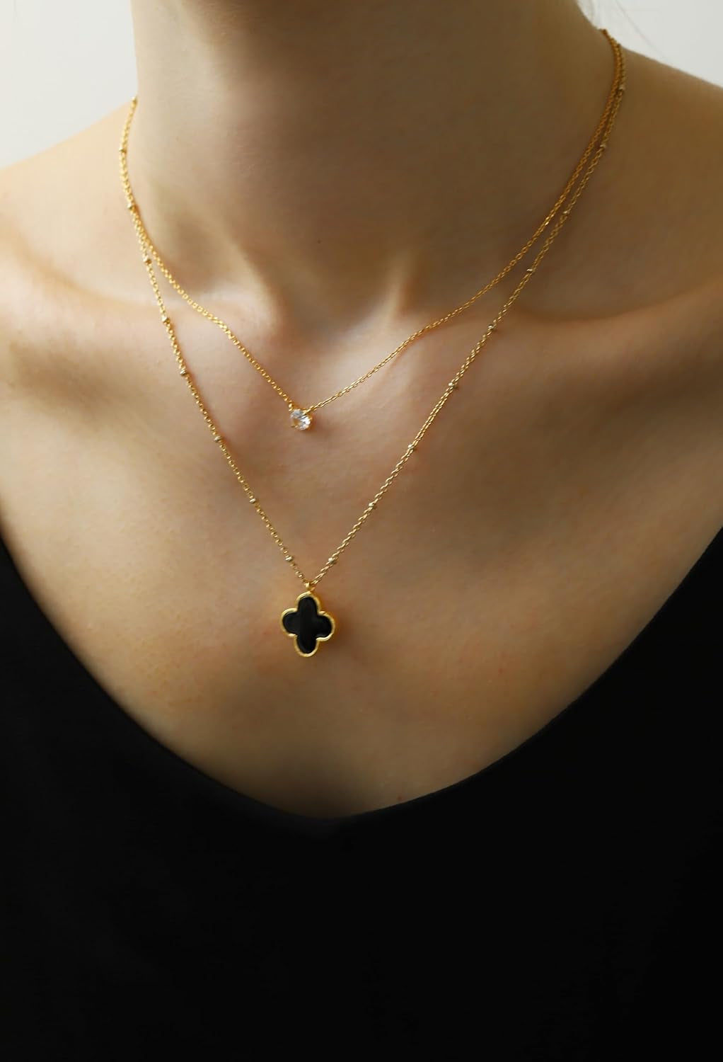 Layered Necklace for Women, 2 Strand Stainless Steel Chains with Clover, Butterfly or Heart Pendant, Dainty Fashion Jewelry Gift